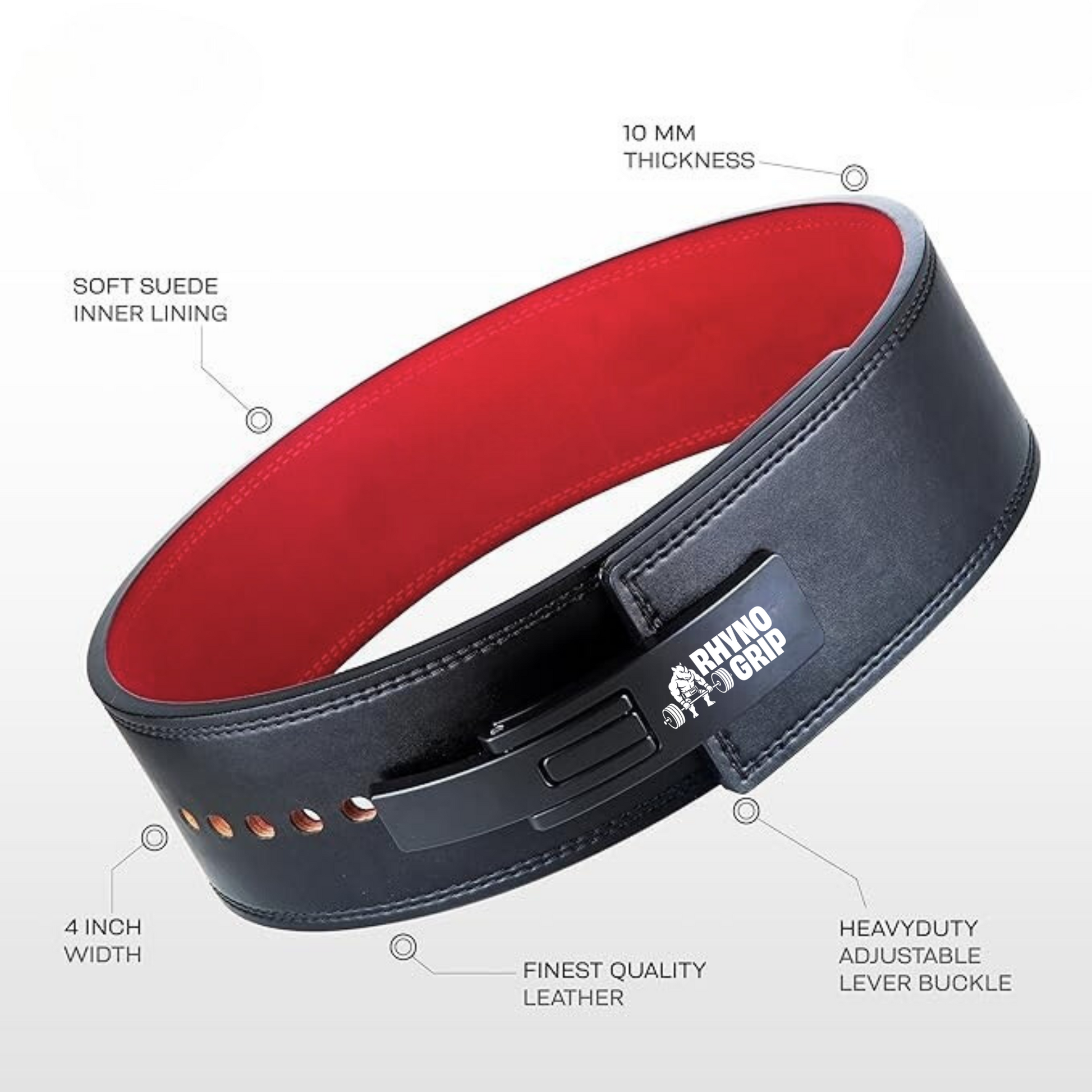Rhynogrip™ 10mm Single Lever Leather Weightlifting Belt – Adjustable Heavy-Duty Suede Support