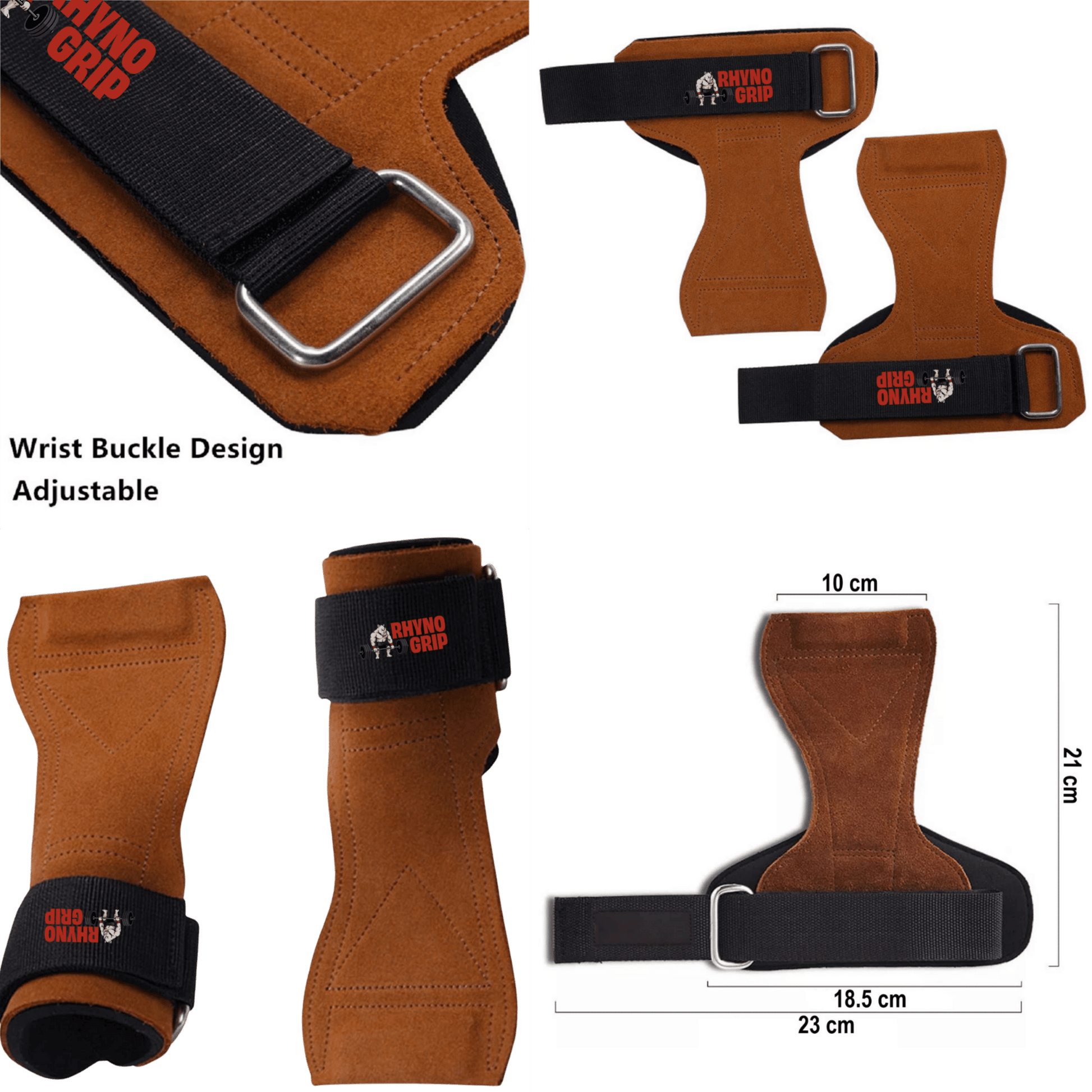 Rhynogrip Premium Leather Weight Lifting Hand Grips with Wrist Support – Ultimate Palm Protection for CrossFit, Gymnastics, Pull-ups & Weightlifting (Brown)