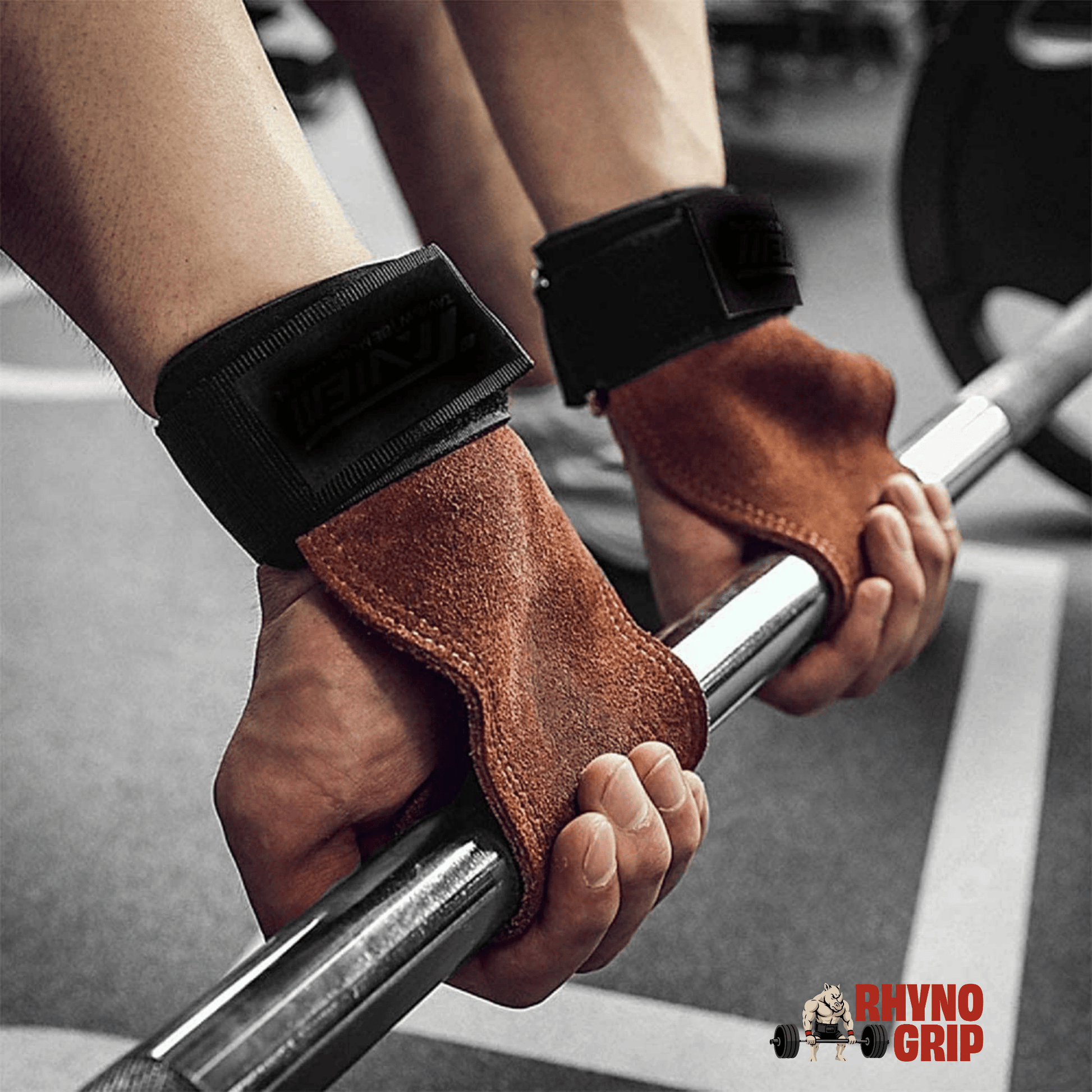 Rhynogrip Premium Leather Weight Lifting Hand Grips with Wrist Support – Ultimate Palm Protection for CrossFit, Gymnastics, Pull-ups & Weightlifting (Brown)